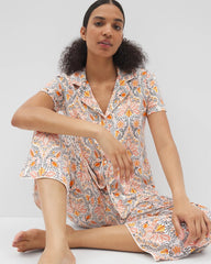 VINE PAISLEY CHAMPAGNE M - Piped Short Sleeve Notch Collar Pajama Top