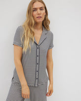 NIGHTCAP STRIPE NAVY - Piped Short Sleeve Notch Collar Pajama Top