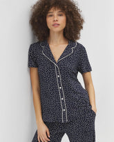 DOT OBSESSED NAVY - Piped Short Sleeve Notch Collar Pajama Top