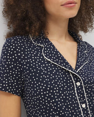 DOT OBSESSED NAVY - Piped Short Sleeve Notch Collar Pajama Top