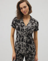 PLUMERIA BLOOMS BLK CH - Piped Short Sleeve Notch Collar Pajama Top