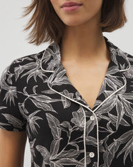 PLUMERIA BLOOMS BLK CH - Piped Short Sleeve Notch Collar Pajama Top
