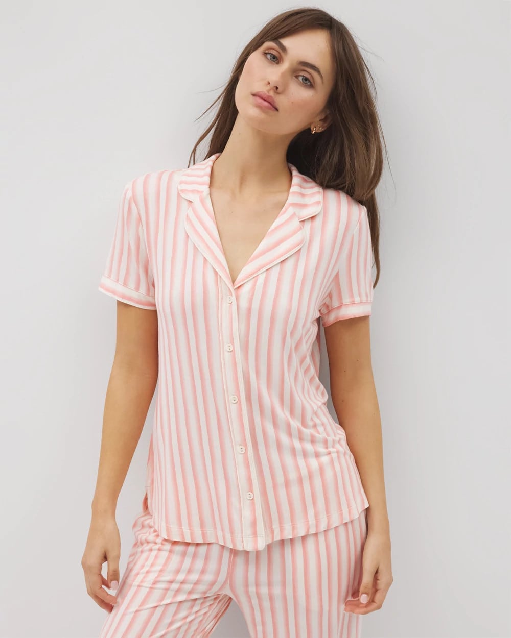 SUNNY STRIPES CHAMPAGNE - Piped Short Sleeve Notch Collar Pajama Top