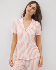 SUNNY STRIPES CHAMPAGNE - Piped Short Sleeve Notch Collar Pajama Top