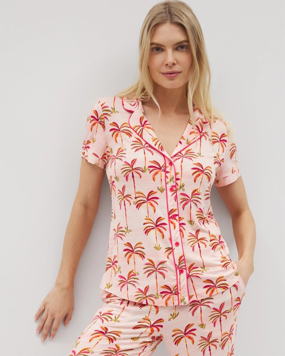 SHAKE YOUR PALM PALMS P - Piped Short Sleeve Notch Collar Pajama Top