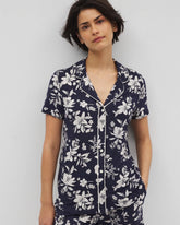 PLUMERIA DREAM NAVY - Piped Short Sleeve Notch Collar Pajama Top