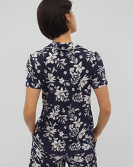PLUMERIA DREAM NAVY - Piped Short Sleeve Notch Collar Pajama Top