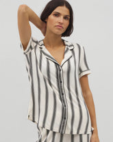 HAMPTON STRIPE BLACK - Piped Short Sleeve Notch Collar Pajama Top