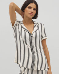 HAMPTON STRIPE BLACK - Piped Short Sleeve Notch Collar Pajama Top