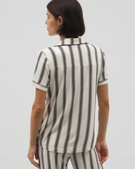 HAMPTON STRIPE BLACK - Piped Short Sleeve Notch Collar Pajama Top