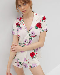RHAPSODY FLORAL SUGAR - Piped Short Sleeve Notch Collar Pajama Top