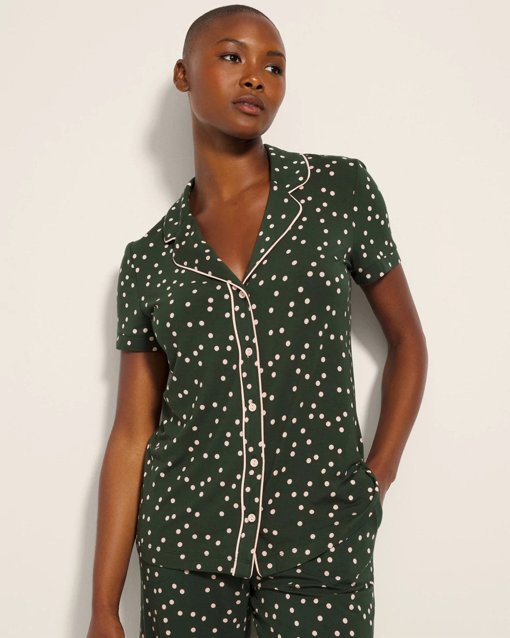 MERRY DOT LUSH EMERALD - Piped Short Sleeve Notch Collar Pajama Top