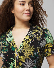 OASIS PALMS BLACK/WS - Piped Short Sleeve Notch Collar Pajama Top