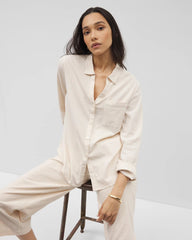 PALE SAND STRIPE - Beach Cotton Long Sleeve Button-Up