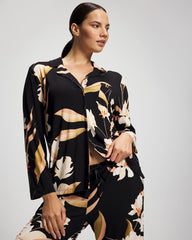 MYSTIC BLOOMS BLACK MID - Long-Sleeve Notch Collar Pajama Top