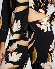MYSTIC BLOOMS BLACK MID - Satin Trim Pajama Pant