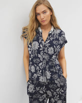 MEANDERING GARDEN NAVY - Mandarin Collar Short Sleeve Pajama Top