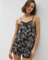 PLUMERIA BLOOMS BLK CH - Lace Trim Pajama Cami