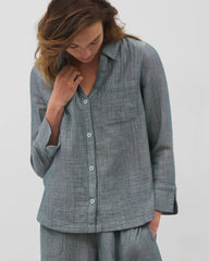 DARK SEA CROSSDYE - Cotton Gauze Long Sleeve Notch Collar Pajama Top