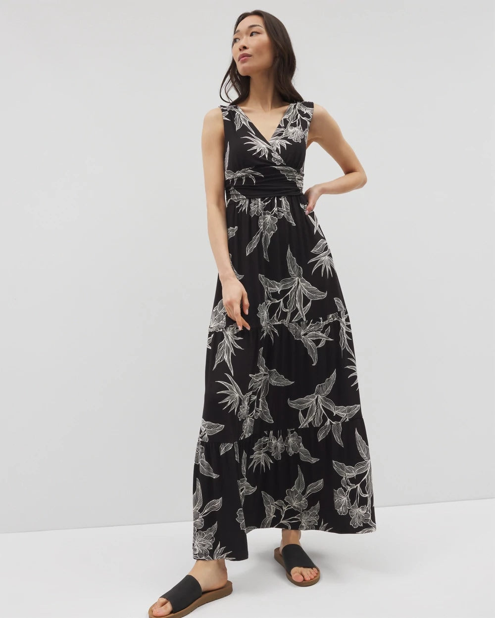 PLUMERIA BLOOMS GRAND BLK - Goddess Tiered Maxi Dress