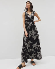 PLUMERIA BLOOMS GRAND BLK - Goddess Tiered Maxi Dress