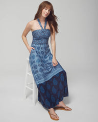 BELLA STAMP BORDER BLUE - Halter Maxi Bra Dress