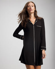BLACK - Piped Long-Sleeve Sleepshirt
