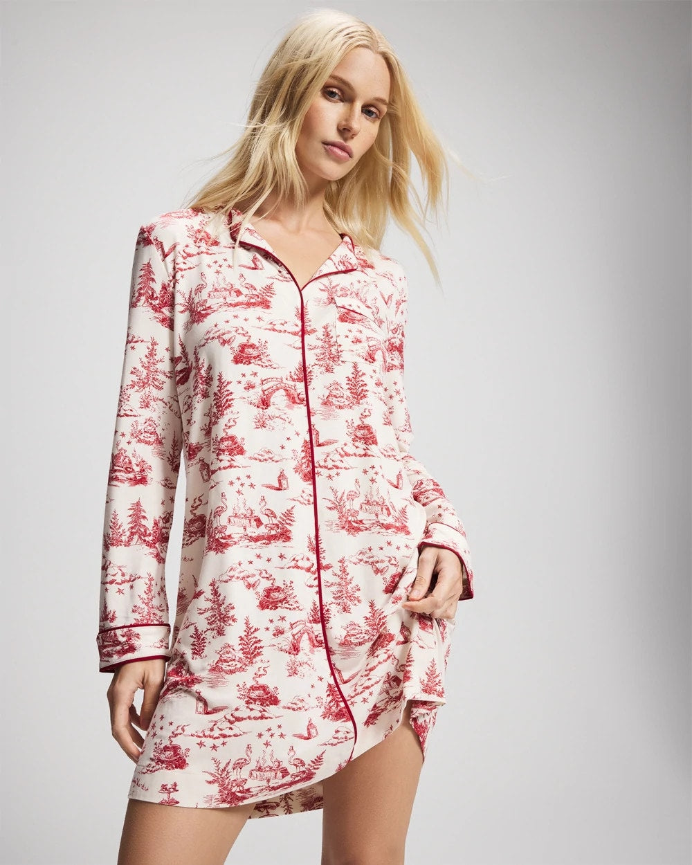 ENCHANTED TOILE CHAMPAGNE - Piped Long-Sleeve Sleepshirt