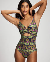 PALMY PATTERNS NAVY - Twist-Front Keyhole One Piece