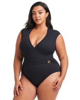 BLACK - Pique Ole Cap Sleeve Surplice One Piece