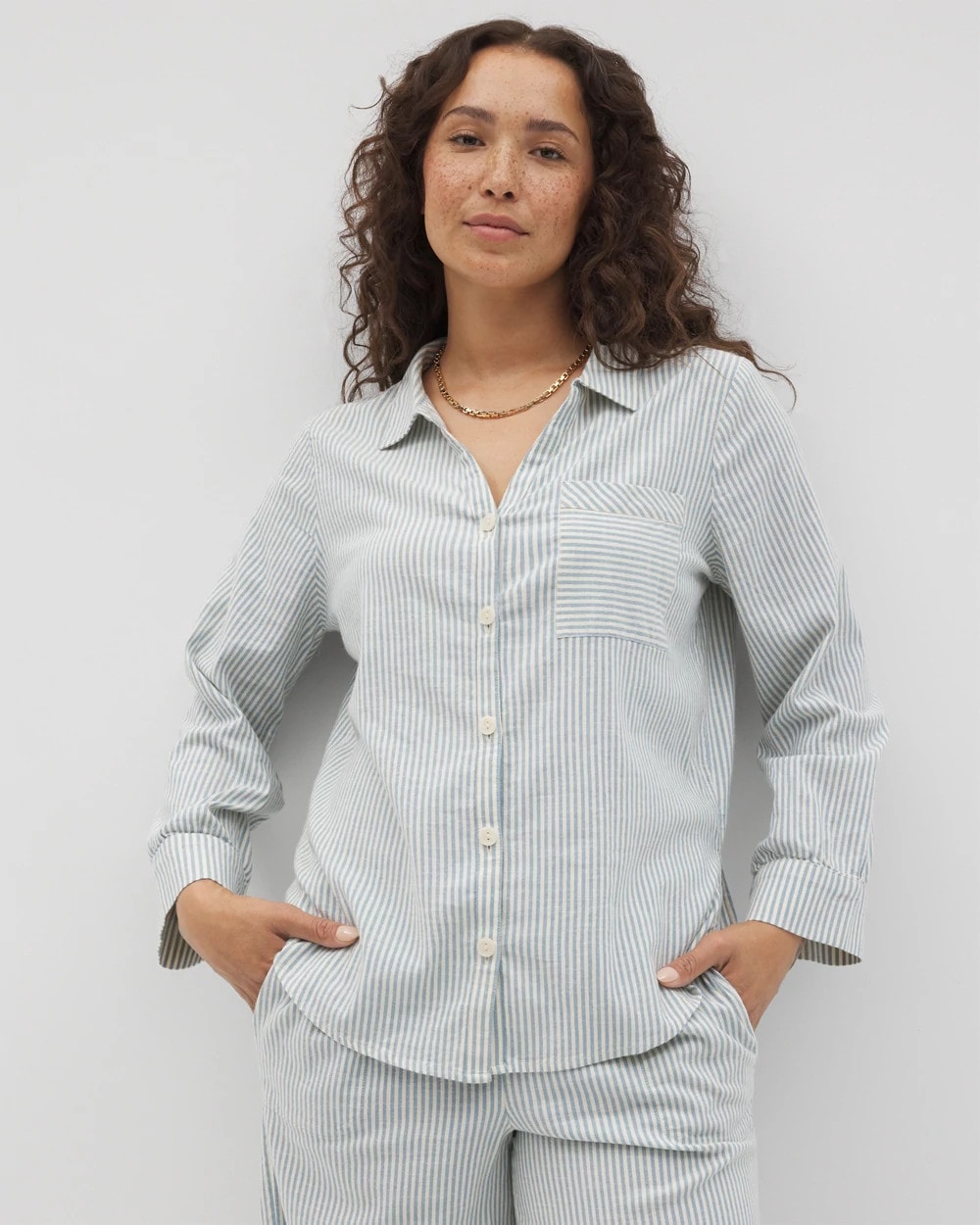 BLUE HEAVEN STRIPE - Beach Cotton Long Sleeve Button-Up