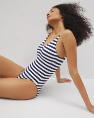 BLUE STRIPE RIB - Soma Swim Deep Plunge One-Piece