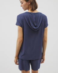 LUNAR TIDE - Crinkle Knit Short Sleeve V-Neck Hoodie
