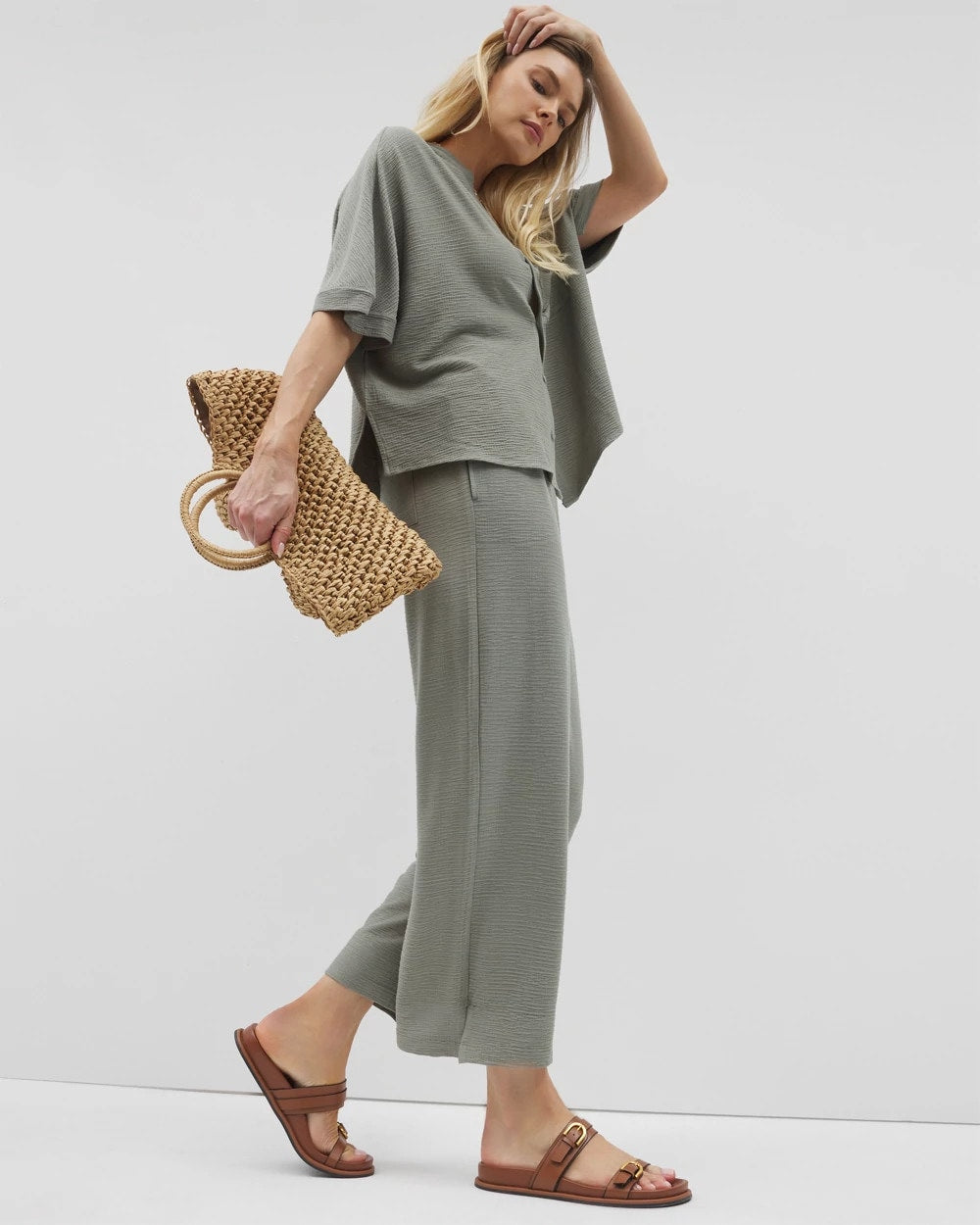 RESTORATION GREEN - Crinkle Knit Wide Leg Pant