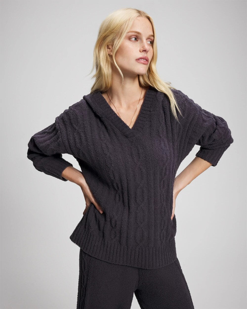 GRAY INK - Cable Knit Plush Hoodie