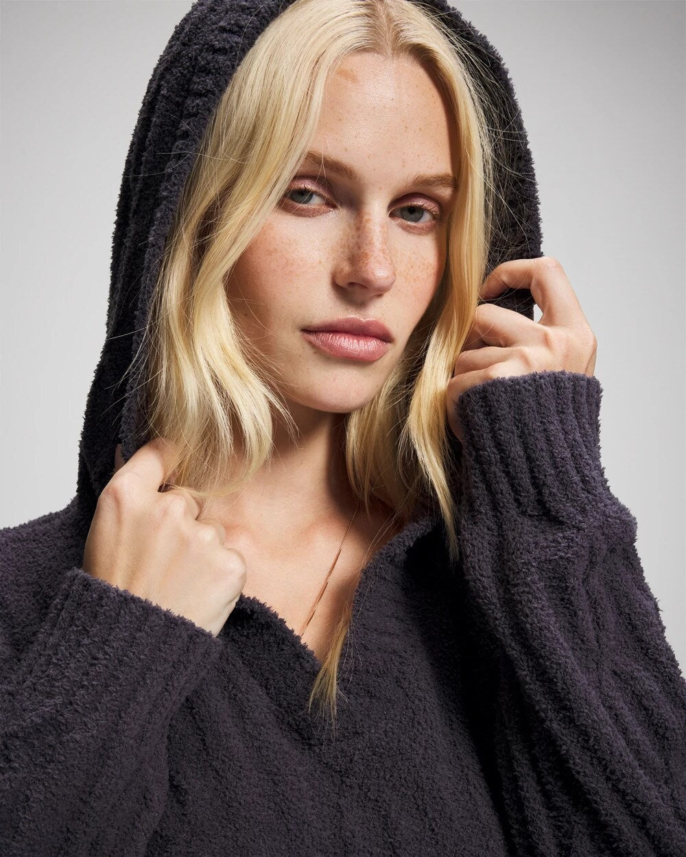 GRAY INK - Cable Knit Plush Hoodie