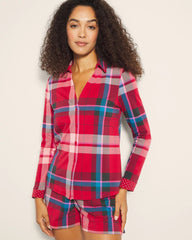 SNUGGLE UP PLAID RED - Long-Sleeve Notch Collar Pajama Top