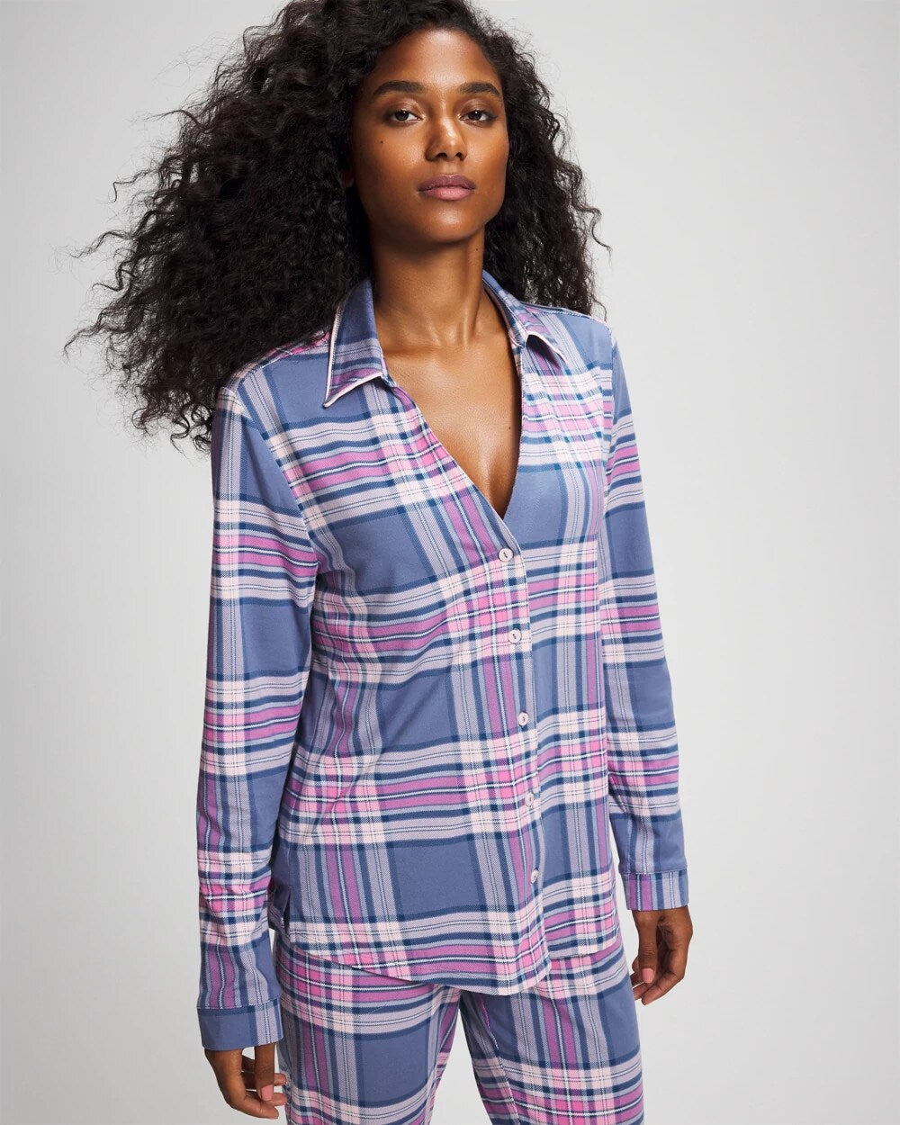 PRETTY PLAID SUNDOWN - Long-Sleeve Notch Collar Pajama Top
