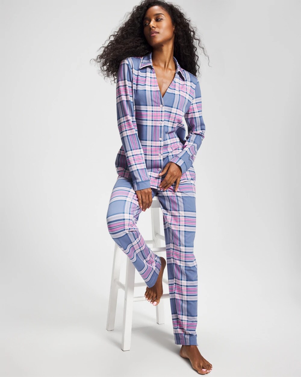 PRETTY PLAID SUNDOWN - Long-Sleeve Notch Collar Pajama Top