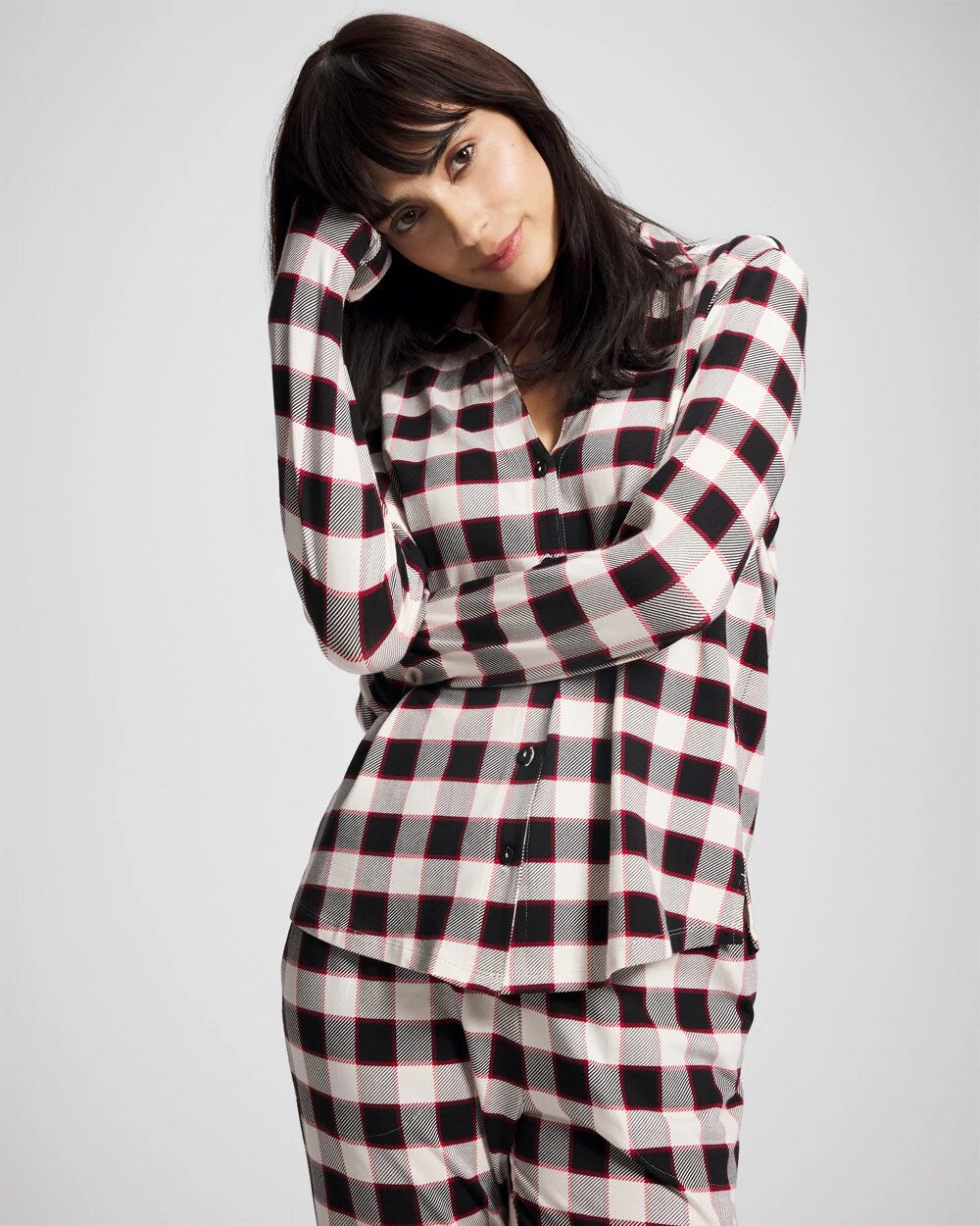 DREAMSCAPE PLAID BLACK - Long-Sleeve Notch Collar Pajama Top