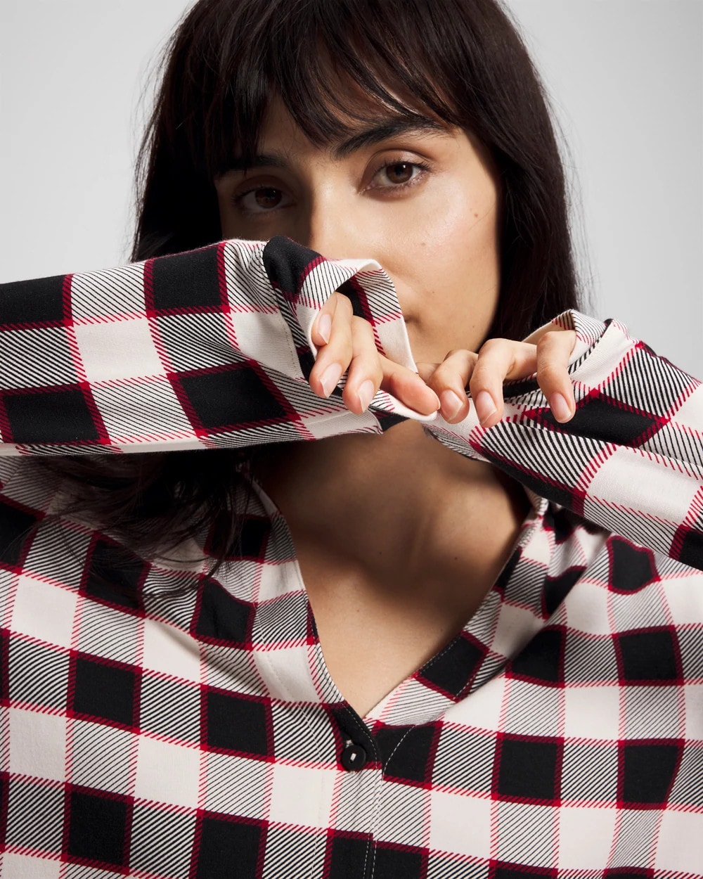 DREAMSCAPE PLAID BLACK - Long-Sleeve Notch Collar Pajama Top
