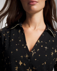 STELLAR SCENE BLACK/FOIL - Long-Sleeve Notch Collar Pajama Top