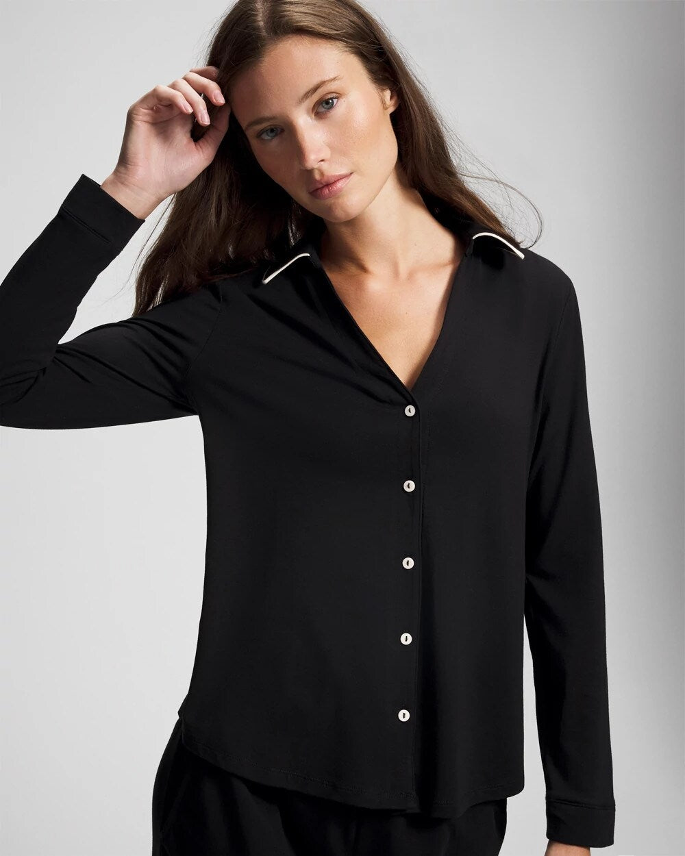 BLACK - Long-Sleeve Notch Collar Pajama Top