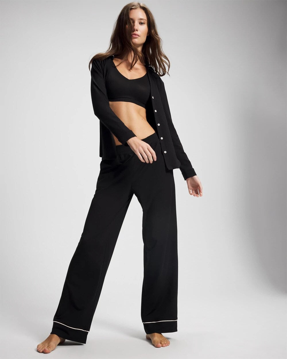 BLACK - Long-Sleeve Notch Collar Pajama Top