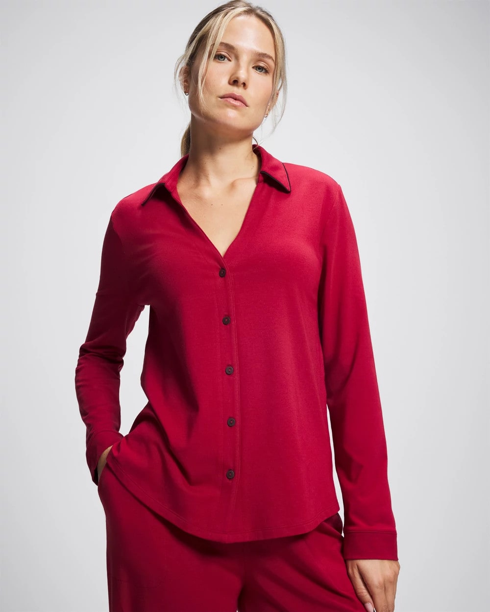 PAINT THE TOWN RED - Long-Sleeve Notch Collar Pajama Top