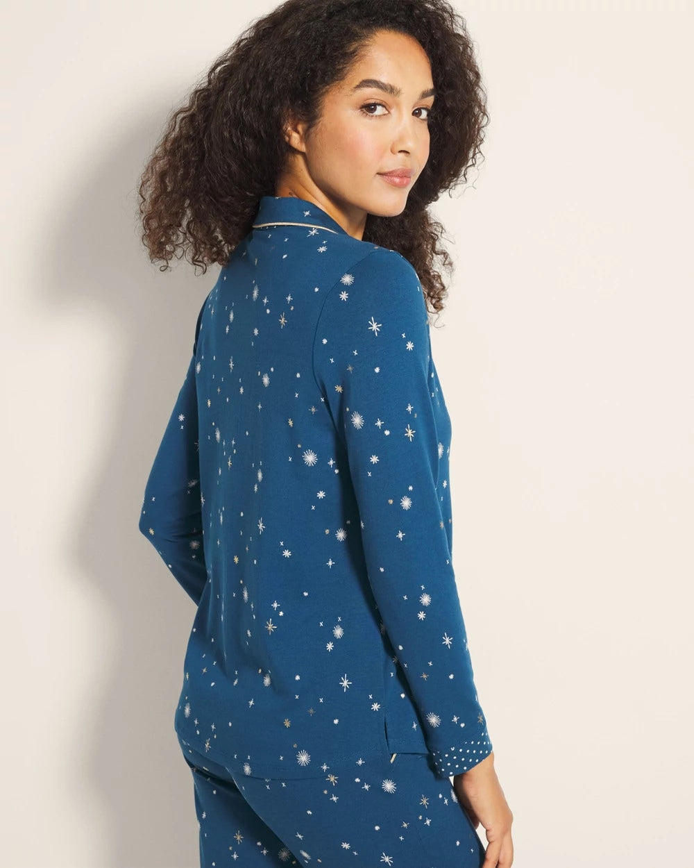 INTO THE NIGHT BLUE - Long-Sleeve Notch Collar Pajama Top