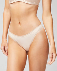 PALE SAND - Cotton Thong Panty with Lace Trim