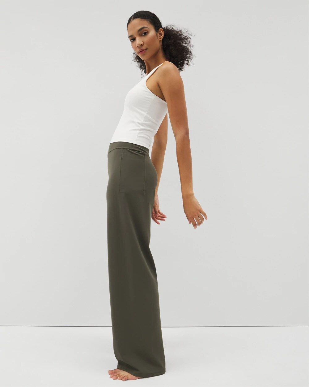 DARK GRAY OLIVE - High-Waist Wide-Leg Pants