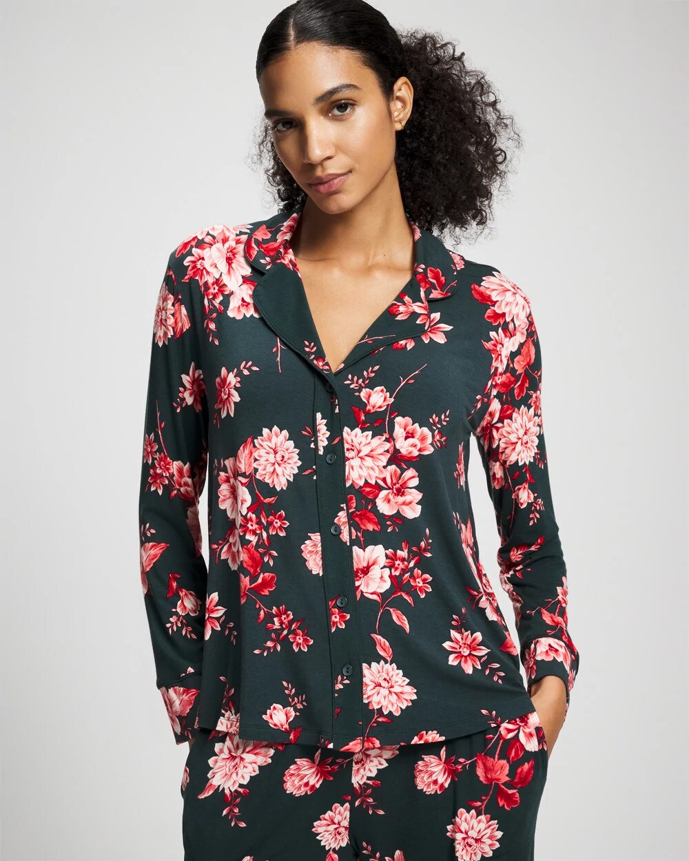 COTTAGE FLORAL GREEN - Cool Nights Long Sleeve Notch Collar with Piped Placket Pajama Top