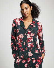 COTTAGE FLORAL GREEN - Cool Nights Long Sleeve Notch Collar with Piped Placket Pajama Top